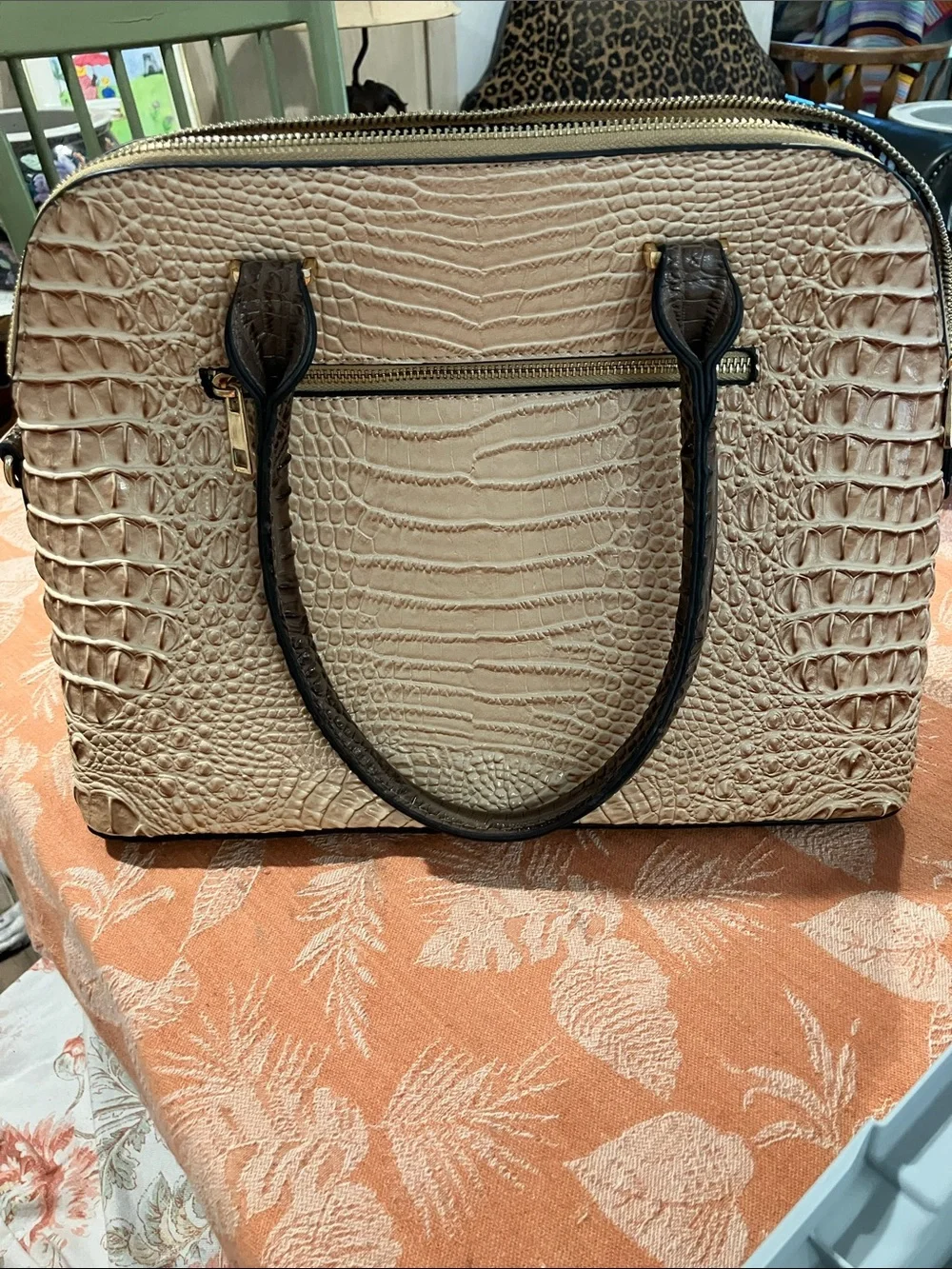 Convertible Croc-Embossed Dome Satchel in Beige and Brown